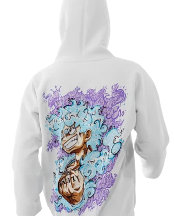 Hoodie blanc avec design en réalité augmentée "Luffy GraffV" par Oskunk.