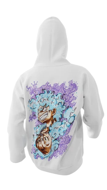 Hoodie blanc avec design en réalité augmentée "Luffy GraffV" par Oskunk.