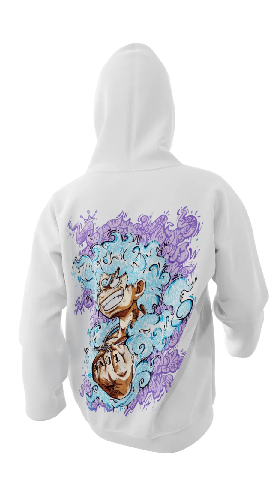 Hoodie blanc avec design en réalité augmentée "Luffy GraffV" par Oskunk.