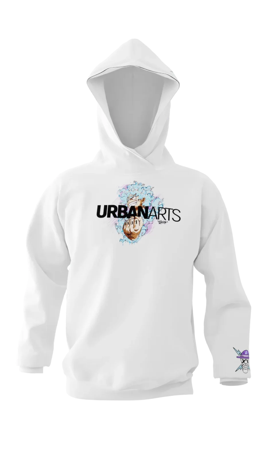 Hoodie blanc avec design en réalité augmentée "Luffy GraffV" par Oskunk.