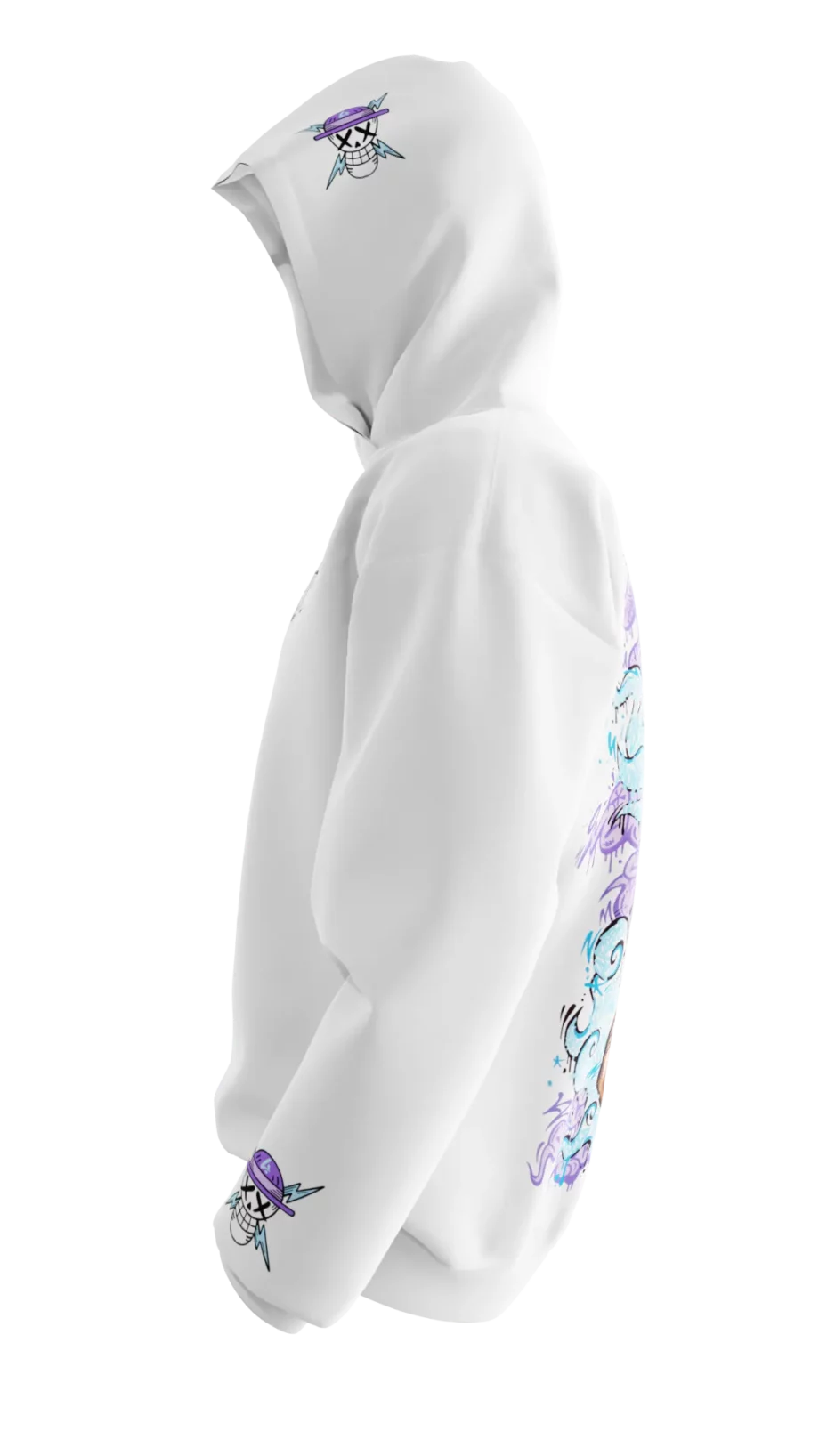 Hoodie blanc avec design en réalité augmentée "Luffy GraffV" par Oskunk.