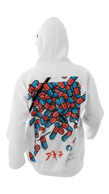 sweat blanc avec design en réalité augmentée Akira "The Capsules" signé Monsieur Lebleu.
