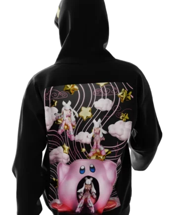 Hoodie noir en réalité augmentée mettant en avant le design "Foxyverse" Kirby, création Adry Foxy.
