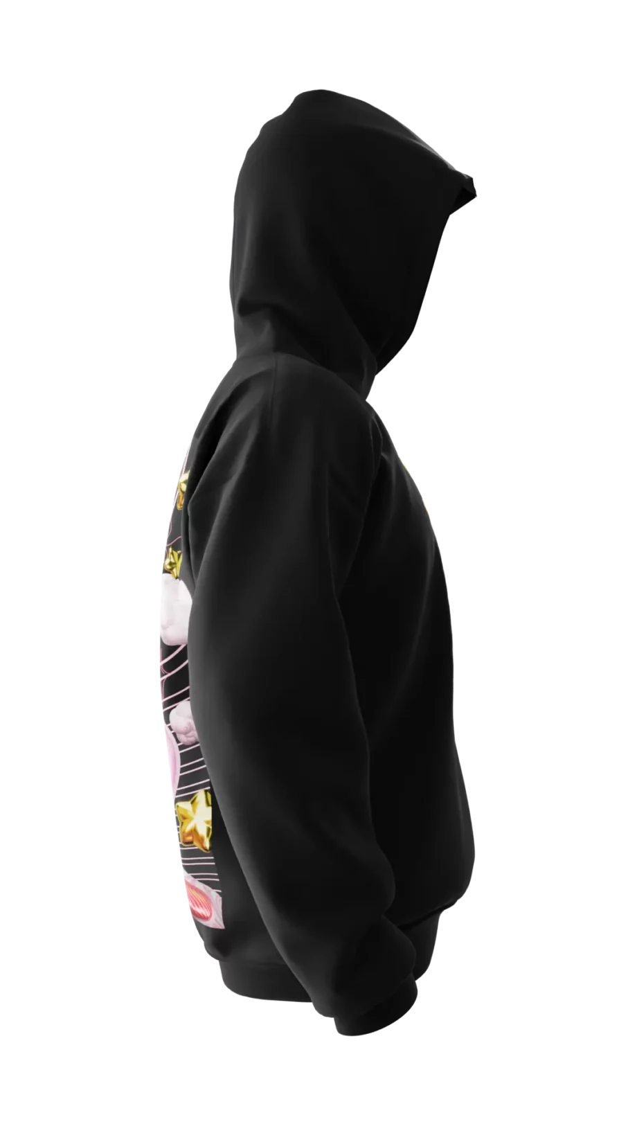 Hoodie noir en réalité augmentée mettant en avant le design "Foxyverse" Kirby, création Adry Foxy.