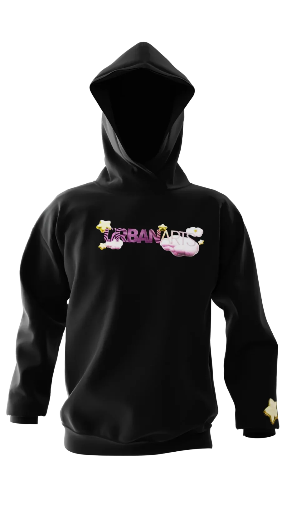 Hoodie noir en réalité augmentée mettant en avant le design "Foxyverse" Kirby, création Adry Foxy.