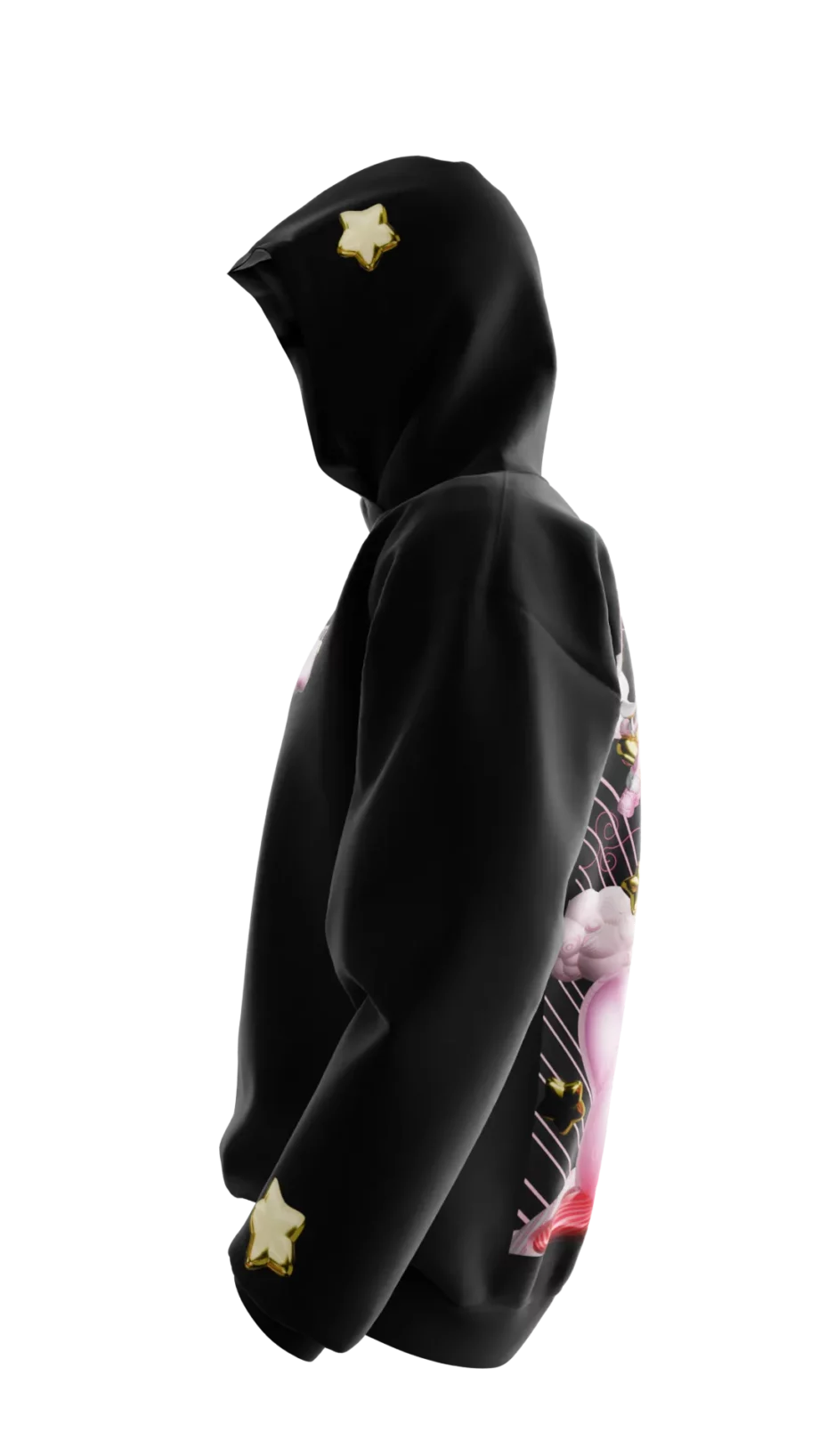 Hoodie noir en réalité augmentée mettant en avant le design "Foxyverse" Kirby, création Adry Foxy.