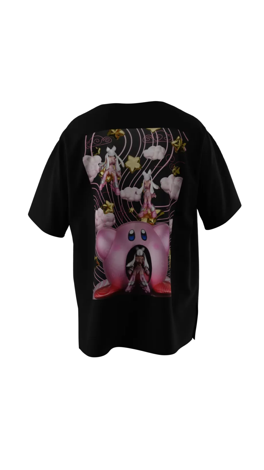 T-shirt noir en réalité augmentée avec le design "Foxyverse" Kirby par Adry Foxy.