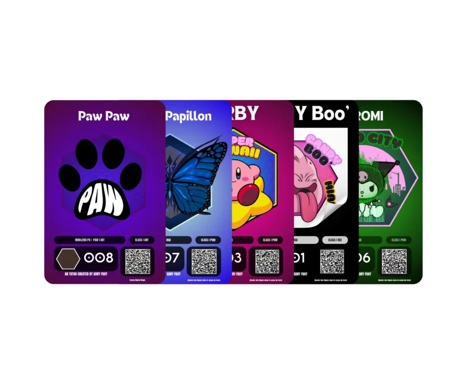 AR Tattoo Pack 5 tatouages - paw paw, Papillon, kirby, buu, kuromi